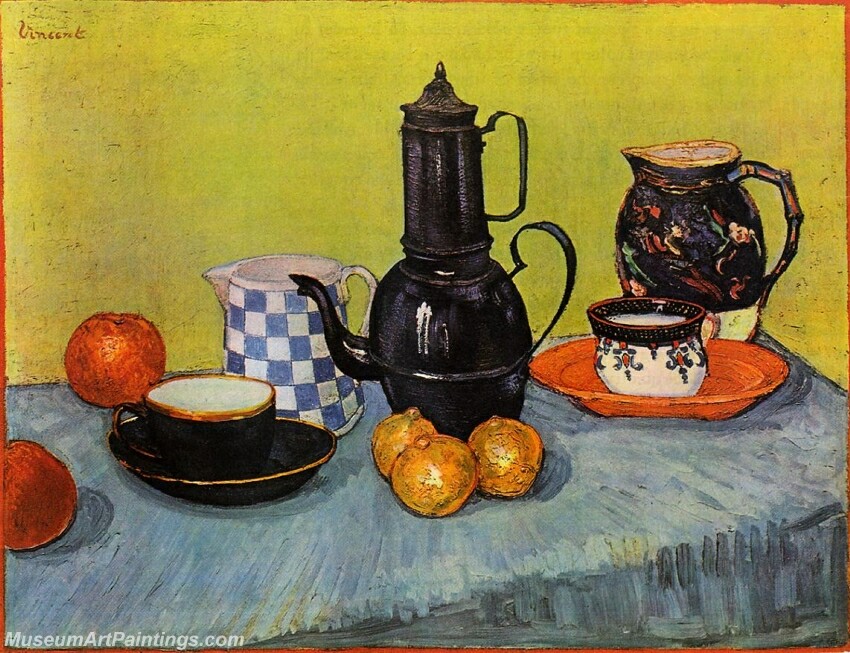 Still Life Blue Enamel Coffeepot Earthenware and Fruit Painting