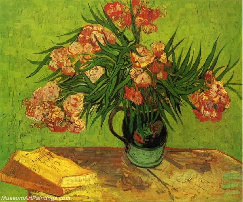 Still Life Vase with Oleanders and Books Painting