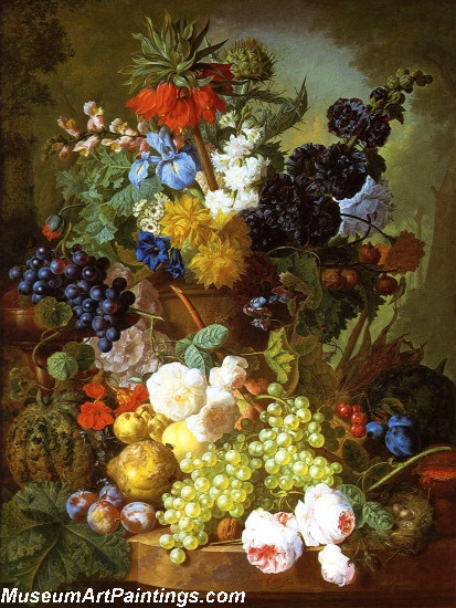 Still Life of Flowers Fruit and Birds Nest on a Marble Ledge