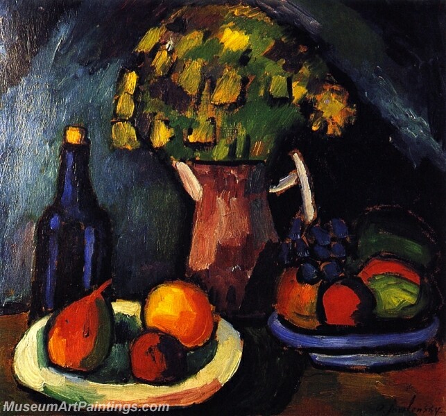 Still Life with Bouquet Fruit Bowls and Bottle Abstract Painting