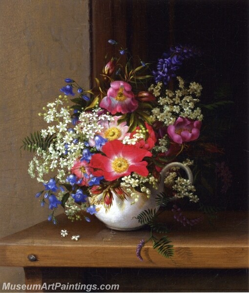 Still Life with Dog Roses Larkspur and Bell Flowers in a White Cup Painting