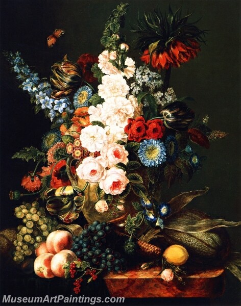 Still Life with Flowers Fruit and Corn Painting