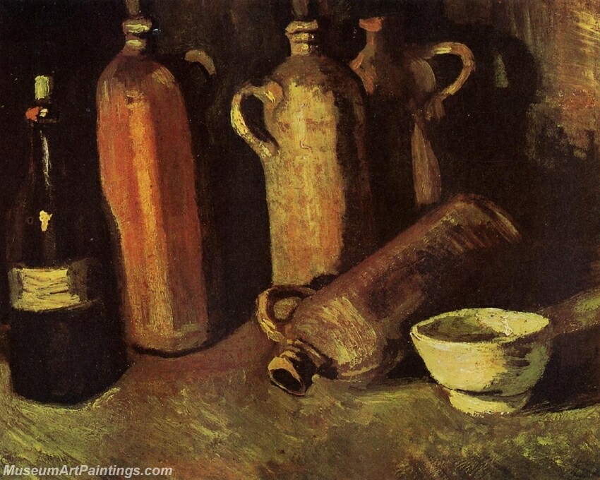 Still Life with Four Stone Bottles Flask and White Cup Painting