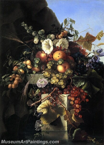 Still Life with Grapes Peaches Flowers and a Butterfly Painting