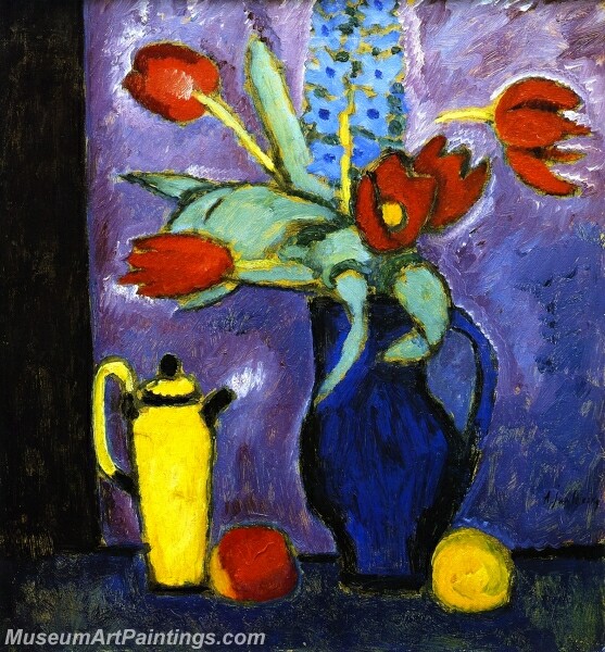 Still Life with Tulips Blue Jug Yellow Coffee Pot Abstract Painting