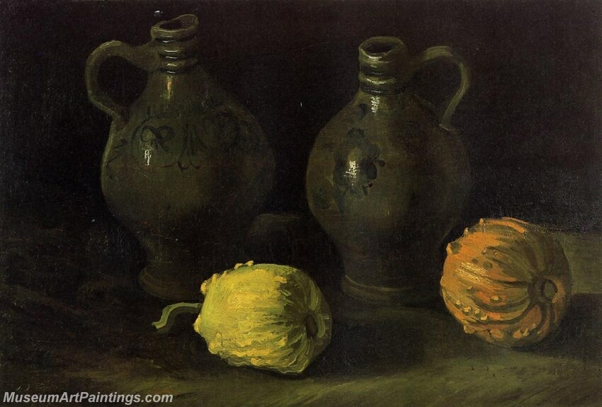Still Life with Two Jars and Two Pumpkins Painting