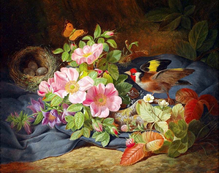 Still life with flowers and bird