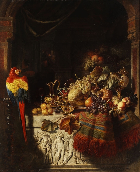 Still life with fruits and parrot