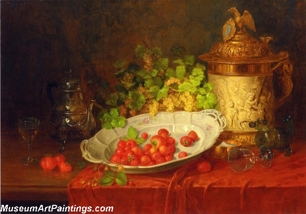 Strawberries Grapes and an Ornamental Jug on a Draped Table Painting