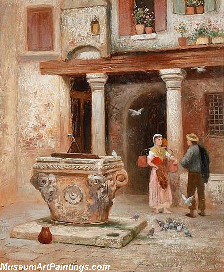 Street Scenery Paintings Mediterranean House Interior with Figures at the Well