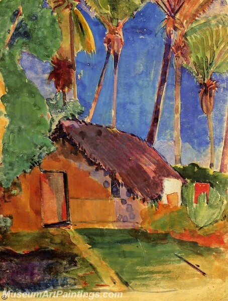 Thatched Hut under Palm Trees Painting