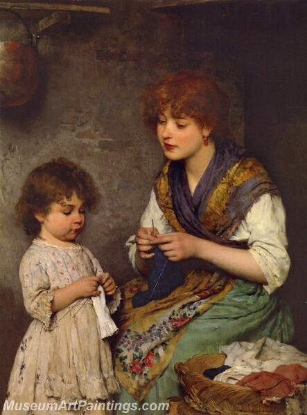 The Knitting Lesson Painting