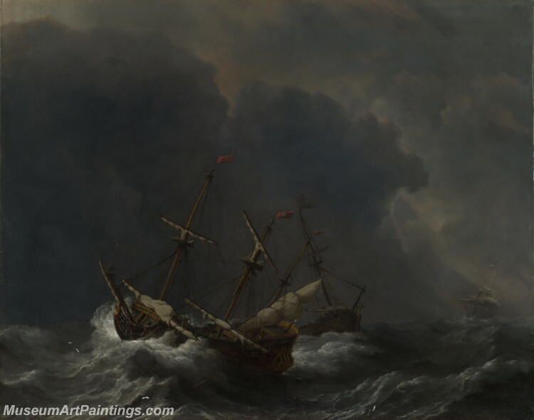 Three Ships in a Gale Painting