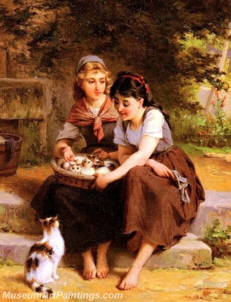 Two Girls With A Basket Of Kittens Painting