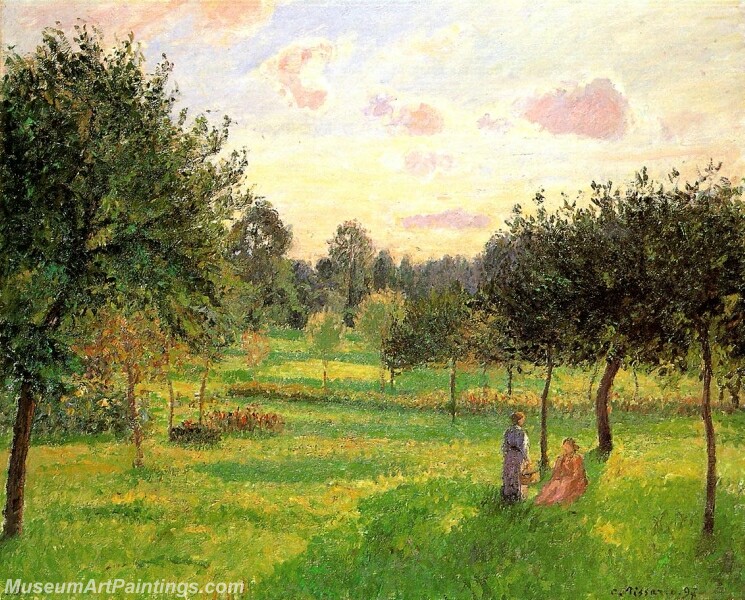 Two Women in a Meadow Sunset at Eragny Painting