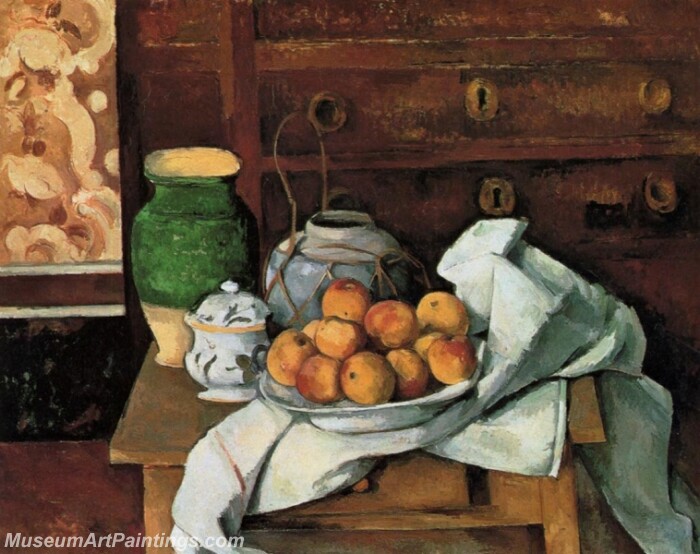 Vessels Fruit and Cloth in front of a Chest Painting