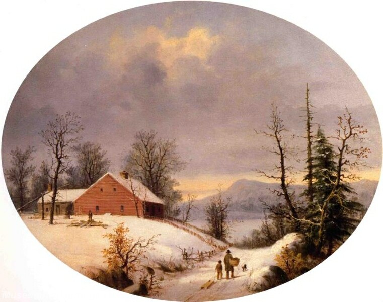 Winter Farmyard and Travelers Painting