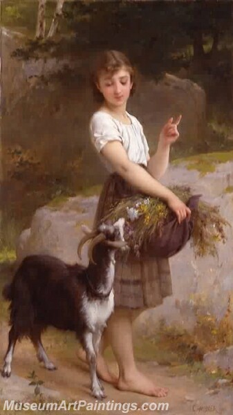 Young Girl with Goat and Flowers Painting