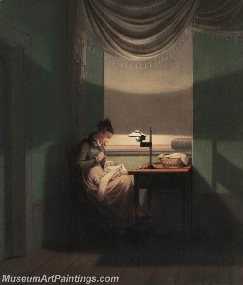 Young Woman Sewing by the Light of a Lamp Painting