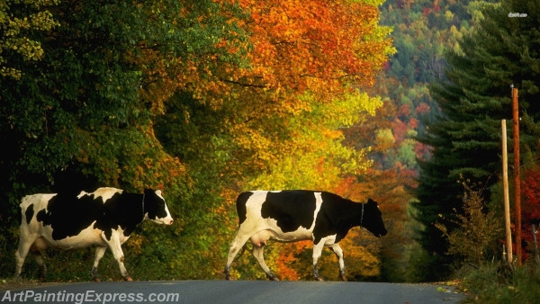 cows crossing the road painting canvas prints