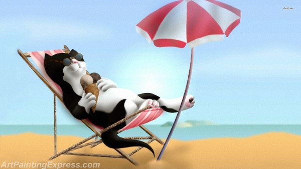 kitten on the beach cartoon painting canvas prints